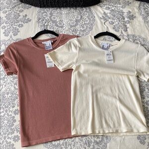 Womens Ribbed T-Shirts - Cream & Brown
